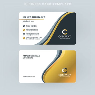 Çift taraflı kartvizit şablonuna soyut dalgalar altın ve siyah arka plan ile. Vektör çizim. İleti örneği tasarım