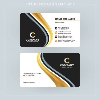 Çift taraflı kartvizit şablonuna soyut dalgalar altın ve siyah arka plan ile. Vektör çizim. İleti örneği tasarım