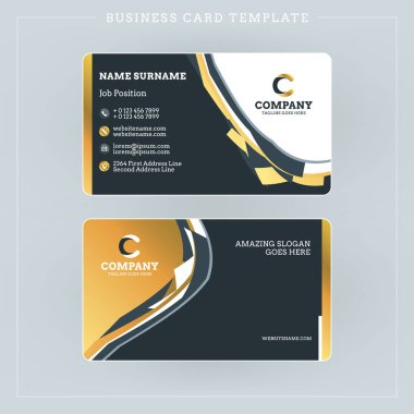 Çift taraflı kartvizit şablonuna soyut dalgalar altın ve siyah arka plan ile. Vektör çizim. İleti örneği tasarım
