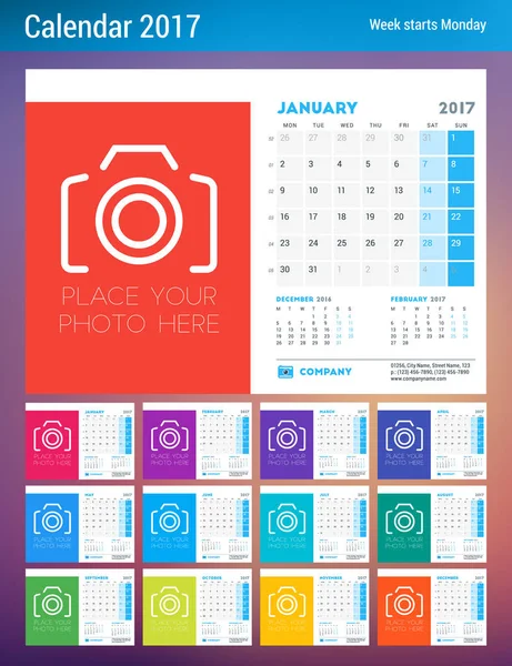 Γραφείο πρότυπο ημερολόγιο για το έτος 2017. Πρότυπο σχεδίασης με θέση για φωτογραφία. Εβδομάδα αρχίζει Δευτέρα. Εικονογράφηση διάνυσμα — Διανυσματικό Αρχείο