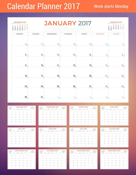 Planner kalendermall för 2017 år. Veckan börjar måndag. 3 månader på sidan. Set med 12 månader. Plats för anteckningar. Pappersvaror Design. Vector kalendermall — Stock vektor