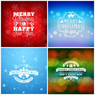 Neşeli Noel ve mutlu yeni yıl dekoratif rozetleri kümesi için tebrik kartları ve davetiyeler. Vektör çizim. Renkli arka plan ile kar taneleri ve ışıklar