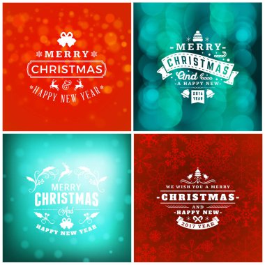 Neşeli Noel ve mutlu yeni yıl dekoratif rozetleri kümesi için tebrik kartları ve davetiyeler. Vektör çizim. Renkli arka plan ile kar taneleri ve ışıklar