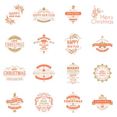 Neşeli Noel ve mutlu yeni yıl dekoratif rozetleri kümesi için tebrik kartları ve davetiyeler. Vektör çizim. Tipografik tasarım öğeleri. Kırmızı ve altın renk teması