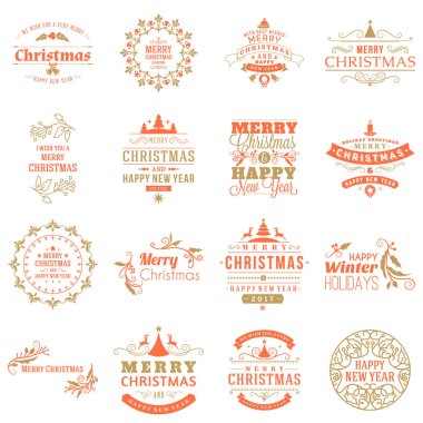 Neşeli Noel ve mutlu yeni yıl dekoratif rozetleri kümesi için tebrik kartları ve davetiyeler. Vektör çizim. Tipografik tasarım öğeleri. Kırmızı ve altın renk teması