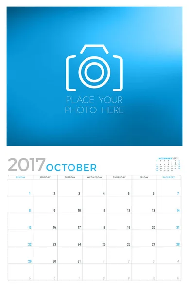 2017 Planificador de calendario de pared Plantilla de diseño vectorial. Octubre. Semana comienza el domingo — Archivo Imágenes Vectoriales