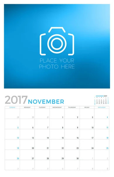 2017 Wandkalender Planer Vektor-Design-Vorlage. November. Woche beginnt am Sonntag — Stockvektor