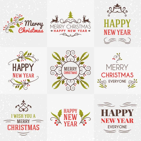 Set von frohen Weihnachten und ein glückliches neues Jahr dekorative Abzeichen für Grußkarten oder Einladungen. Vektorillustration. typografische Gestaltungselemente. rote, grüne und braune Farbe Thema — Stockvektor