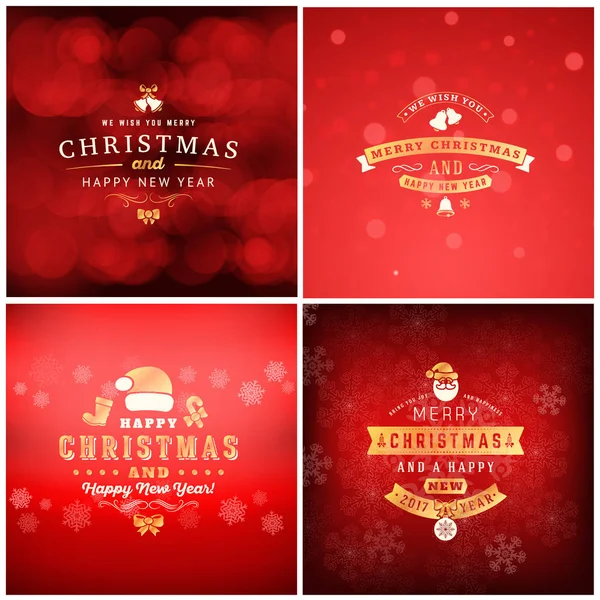 Ensemble de modèles de cartes de vœux dorées et rouges de Noël. Badges typographiques vintage, étiquettes. Fond de flocons de neige de Noël. Illustration vectorielle — Image vectorielle