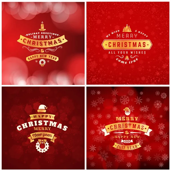 Набор шаблонов рождественских золотых и красных открыток. Винтажные типографские значки, этикетки. Рождественские снежинки. Векторная миграция — стоковый вектор