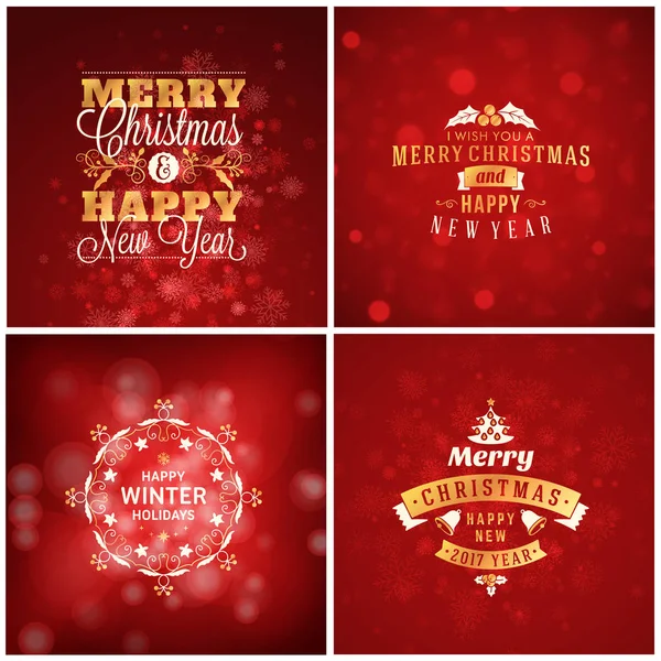 Set von goldenen und roten Weihnachtskarten-Vorlagen. Vintage typographische Abzeichen, Etiketten. Weihnachten Schneeflocken Hintergrund. Vektorillustration — Stockvektor
