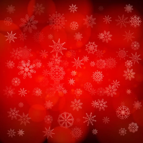 Flocos de neve vermelho natal fundo com luzes. Ilustração vetorial abstrata. Fundo decorativo para cartão de saudação de férias —  Vetores de Stock