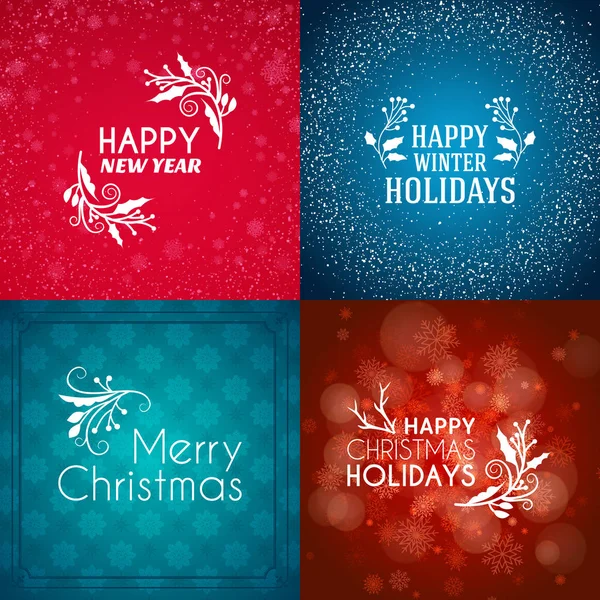 Set von frohen Weihnachten und ein glückliches neues Jahr dekorative Abzeichen für Grußkarten oder Einladungen. Vektorillustration. abstrakte bunte Hintergrund mit Schneeflocken und Lichtern — Stockvektor
