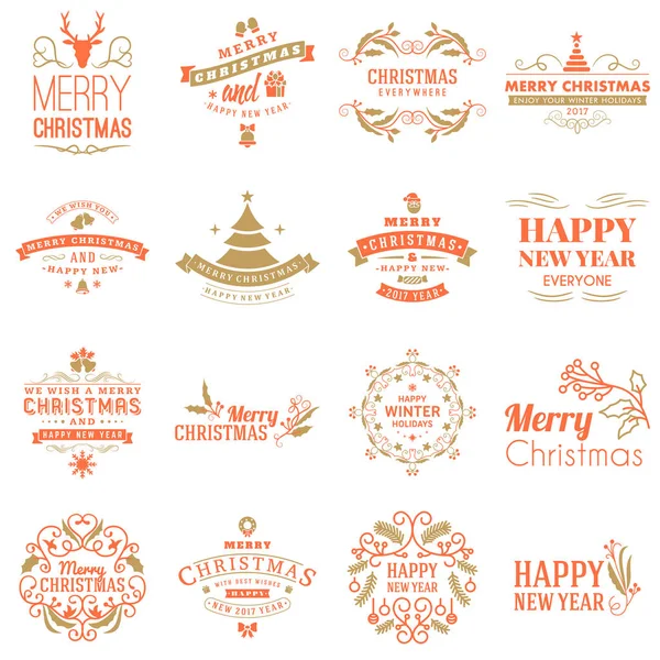 Set de Feliz Navidad y Feliz Año Nuevo Insignias Decorativas para Tarjetas de felicitación o Invitaciones. Ilustración vectorial. Elementos de diseño tipográfico. Tema de color rojo y dorado — Vector de stock