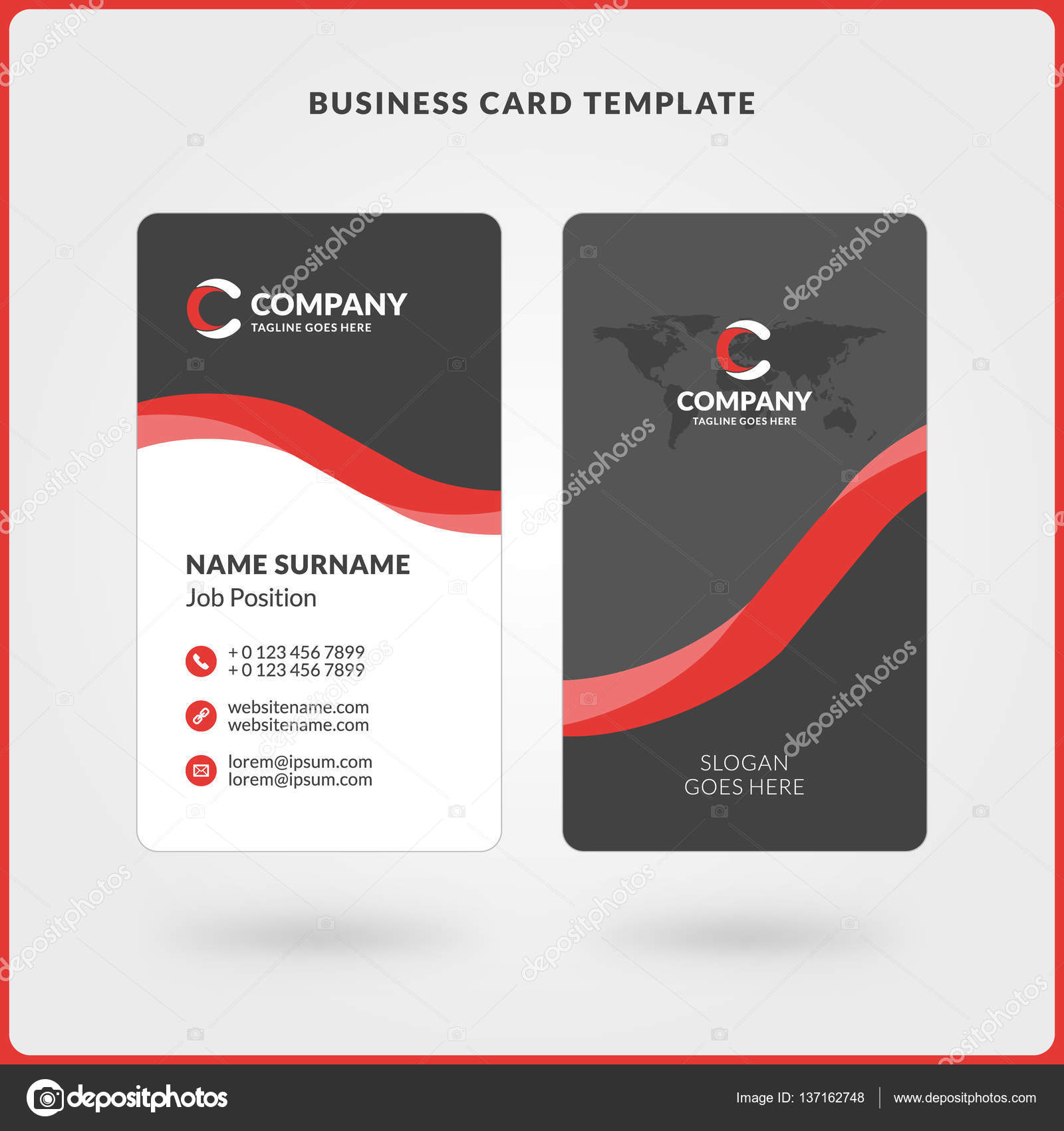 vertical double sided business card template red and black colors قالب کارت ویزیت دو طرفه