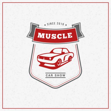 Klasik Otomobil logo, amblem, rozet. Hizmet araba tamir, araba restorasyonu ve araba kulübü tasarım öğeleri. Vektör çizim. Kırmızı ve gri açık renkli üzerine