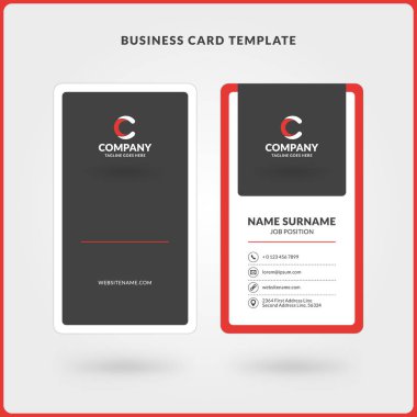 Dikey çift taraflı kartvizit şablonu. Kırmızı ve siyah renkleri. Düz tasarım vektör çizim. İleti örneği tasarım