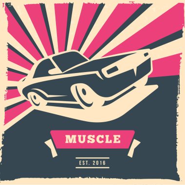 Grunge çerçeve ve ışınları ile Retro araba el ilanı veya poster tasarım. Vektör çizim