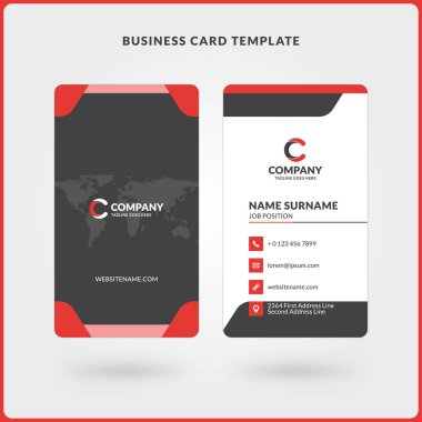 Dikey çift taraflı kartvizit şablonu. Kırmızı ve siyah renkleri. Düz tasarım vektör çizim. İleti örneği tasarım