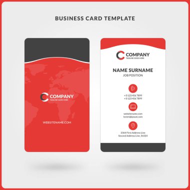Dikey çift taraflı kartvizit şablonu. Kırmızı ve siyah renkleri. Düz tasarım vektör çizim. İleti örneği tasarım