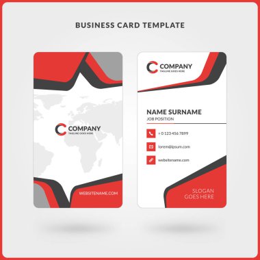 Dikey çift taraflı kartvizit şablonu. Kırmızı ve siyah renkleri. Düz tasarım vektör çizim. İleti örneği tasarım