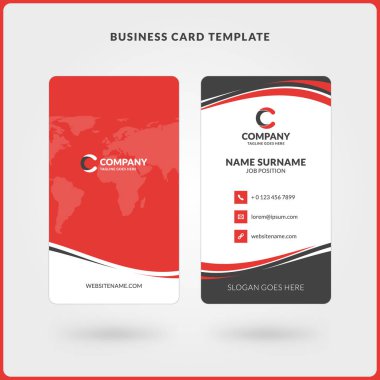 Dikey çift taraflı kartvizit şablonu. Kırmızı ve siyah renkleri. Düz tasarım vektör çizim. İleti örneği tasarım