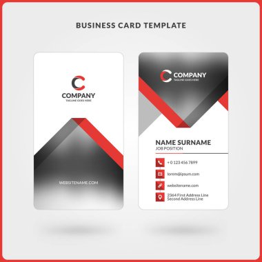 Dikey çift taraflı kartvizit şablonu. Kırmızı ve siyah renkleri. Düz tasarım vektör çizim. İleti örneği tasarım