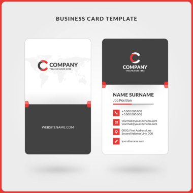 Dikey çift taraflı kartvizit şablonu. Kırmızı ve siyah renkleri. Düz tasarım vektör çizim. İleti örneği tasarım
