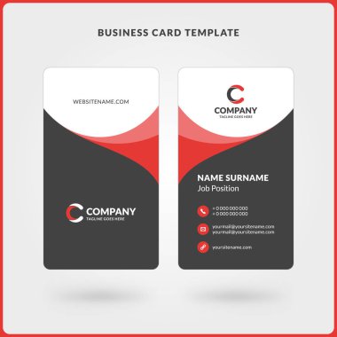 Dikey çift taraflı kartvizit şablonu. Kırmızı ve siyah renkleri. Düz tasarım vektör çizim. İleti örneği tasarım