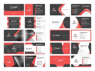 Kartvizit şablonları. İleti örneği tasarım vektör kümesi. Kırmızı ve siyah renkleri. Düz stil vektör çizim