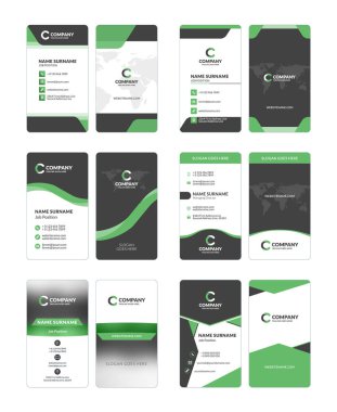 Dikey çift taraflı kartvizit şablonları kümesi. İleti örneği tasarım vektör kümesi. Yeşil ve siyah renkler. Düz stil vektör çizim