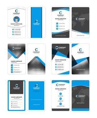 Dikey çift taraflı kartvizit şablonları kümesi. İleti örneği tasarım vektör kümesi. Mavi ve siyah renk. Düz stil vektör çizim