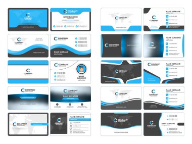 Kartvizit şablonları. İleti örneği tasarım vektör kümesi. Mavi ve siyah renk. Düz stil vektör çizim