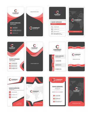 Dikey çift taraflı kartvizit şablonları kümesi. İleti örneği tasarım vektör kümesi. Kırmızı ve siyah renkleri. Düz stil vektör çizim
