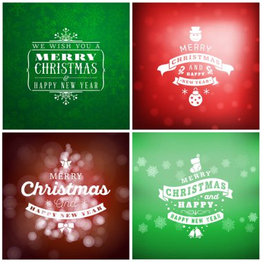 Neşeli Noel ve mutlu yeni yıl dekoratif rozetleri kümesi için tebrik kartları ve davetiyeler. Vektör çizim. Renkli arka plan ile kar taneleri ve ışıklar