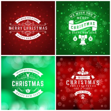 Neşeli Noel ve mutlu yeni yıl dekoratif rozetleri kümesi için tebrik kartları ve davetiyeler. Vektör çizim. Renkli arka plan ile kar taneleri ve ışıklar