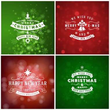 Neşeli Noel ve mutlu yeni yıl dekoratif rozetleri kümesi için tebrik kartları ve davetiyeler. Vektör çizim. Renkli arka plan ile kar taneleri ve ışıklar