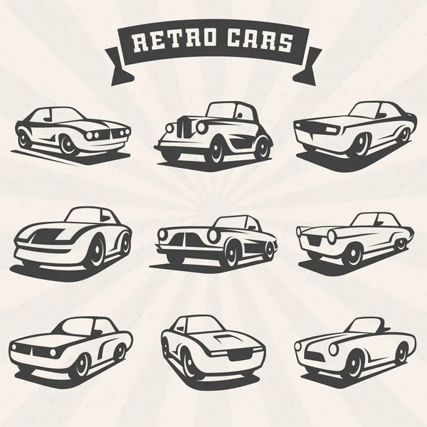 Conjunto de silhuetas carros clássicos. Retro carros design elementos do logotipo. Ilustração vetorial — Vetor de Stock