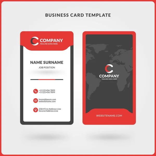 Vertical Double-sided Business Card Template. Red and Black Colors. Flat Design Vector Illustration. Stationery Design — Stock Vector