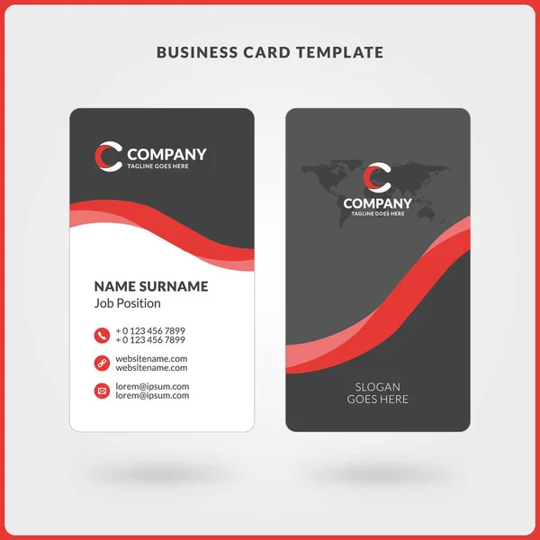 Vertical Double-sided Business Card Template. Red and Black Colors. Flat Design Vector Illustration. Stationery Design — Stock Vector