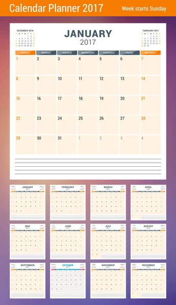 Πρότυπο Planner ημερολόγιο για το έτος 2017. Ξεκινάει εβδομάδα Κυριακή. 3 μήνες στη σελίδα. Σετ των 12 μηνών. Θέση για σημειώσεις. Σχέδιο επιστολόχαρτου. Πρότυπο διάνυσμα ημερολογίου — Διανυσματικό Αρχείο