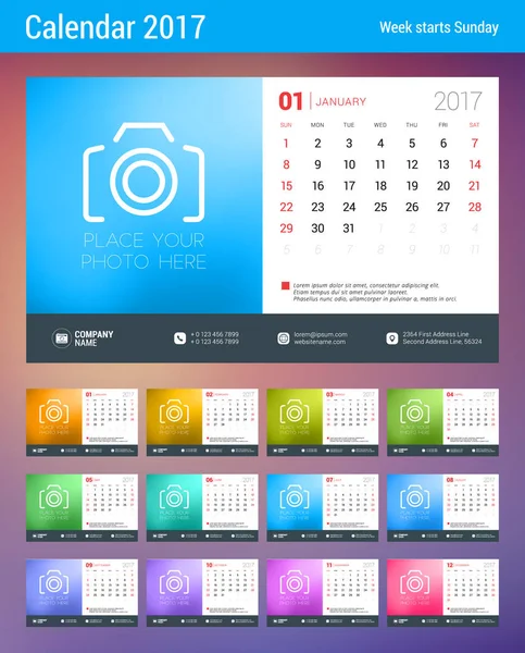 Desk Calendar Planner Template for 2017 Year. Week Starts Sunday. Set of 12 Months. Place for Notes. Stationery Design. Vector Calendar Template — Stock Vector