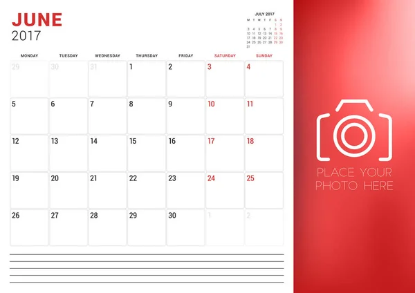 Planner kalendarz szablon do czerwca 2017 r. Tydzień zaczyna się od poniedziałku. Miejsce na zdjęcie. Projektowanie papeterii. Ilustracja wektorowa — Wektor stockowy