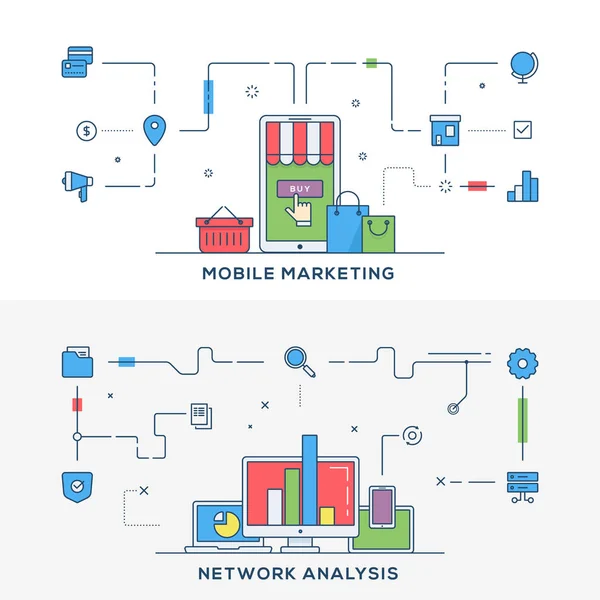 Conjunto de plantillas de banner de sitio web de negocios de línea plana. Marketing móvil. Análisis de red. Concepto de ilustración vectorial para banners web y materiales promocionales . — Archivo Imágenes Vectoriales