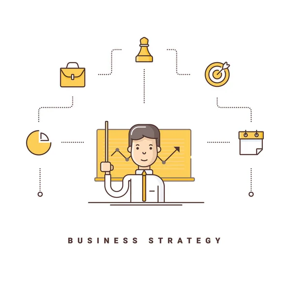 Estratégia de negócios. Personagem de desenhos animados dando apresentação. Ilustração vetorial com ícones de linha plana — Vetor de Stock