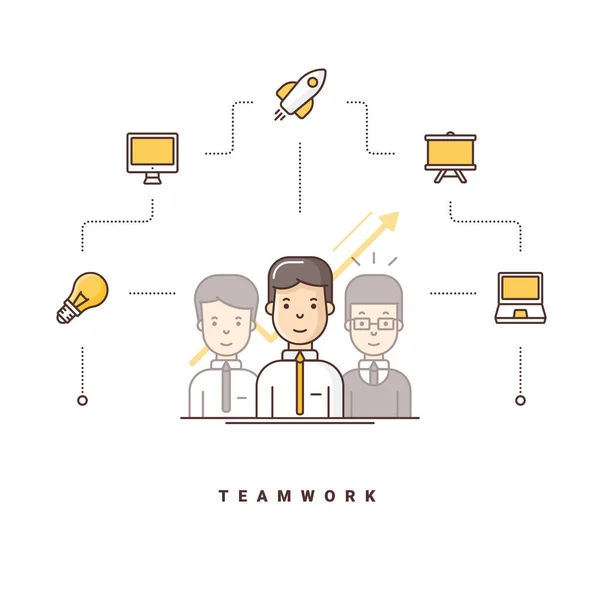 Teamwork. Three cartoon characters standing. Vector illustration with flat line icons — Stock Vector