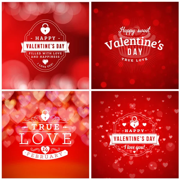 Set of Valentines Day Greeting Cards or Poster Design Templates. Vintage Typographic Design with Abstract Vector Red Background — Stock Vector