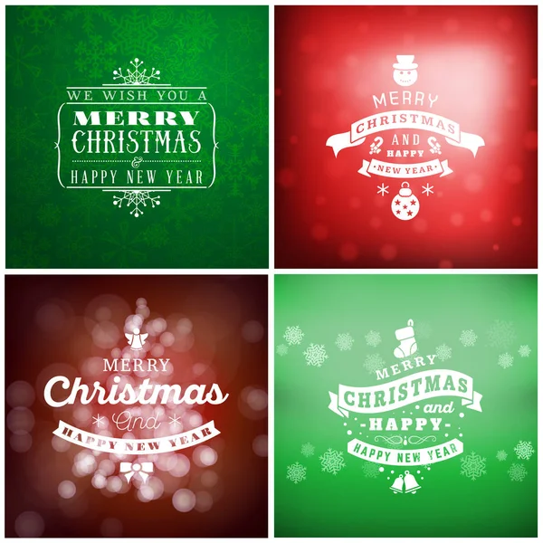 Neşeli Noel ve mutlu yeni yıl dekoratif rozetleri kümesi için tebrik kartları ve davetiyeler. Vektör çizim. Renkli arka plan ile kar taneleri ve ışıklar