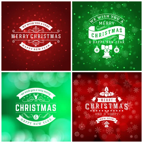 Neşeli Noel ve mutlu yeni yıl dekoratif rozetleri kümesi için tebrik kartları ve davetiyeler. Vektör çizim. Renkli arka plan ile kar taneleri ve ışıklar