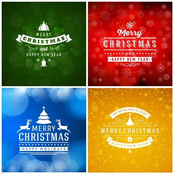 Neşeli Noel ve mutlu yeni yıl dekoratif rozetleri kümesi için tebrik kartları ve davetiyeler. Vektör çizim. Renkli arka plan ile kar taneleri ve ışıklar